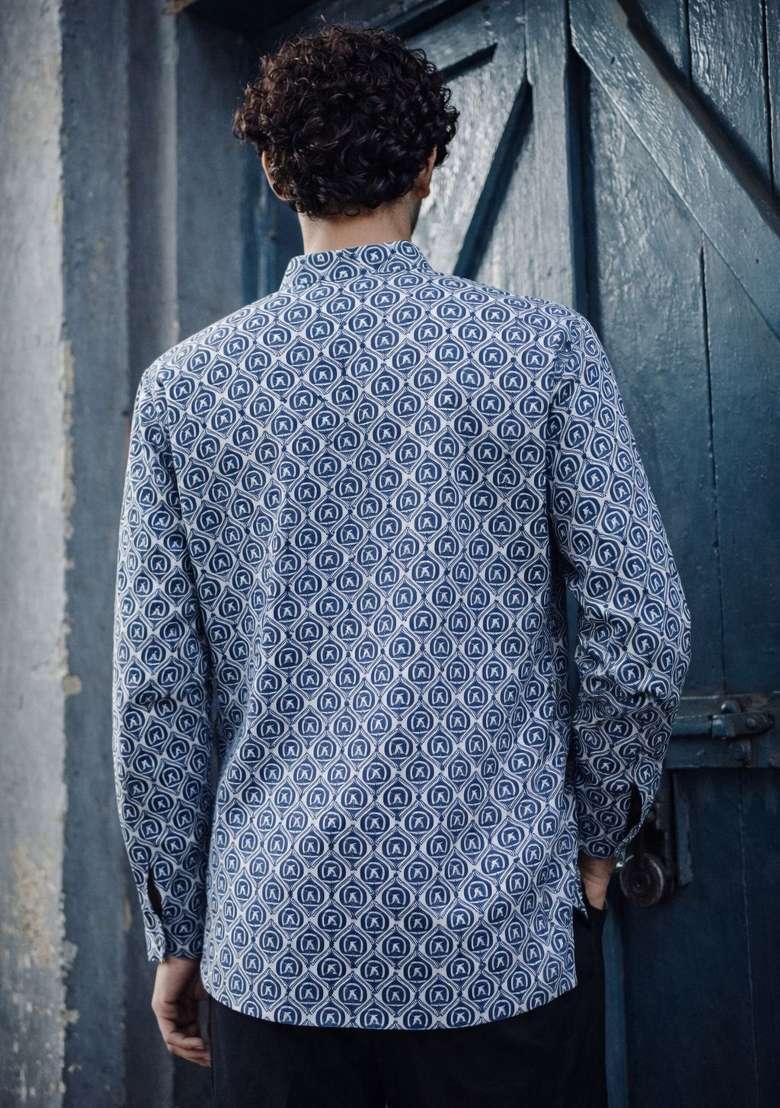 Blue Printed Linen Kurta For Men - Indya