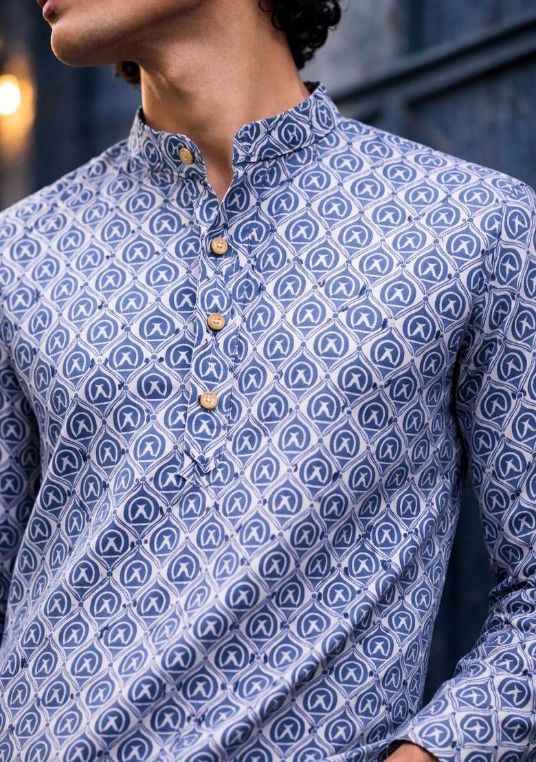 Blue Printed Linen Kurta For Men - Indya