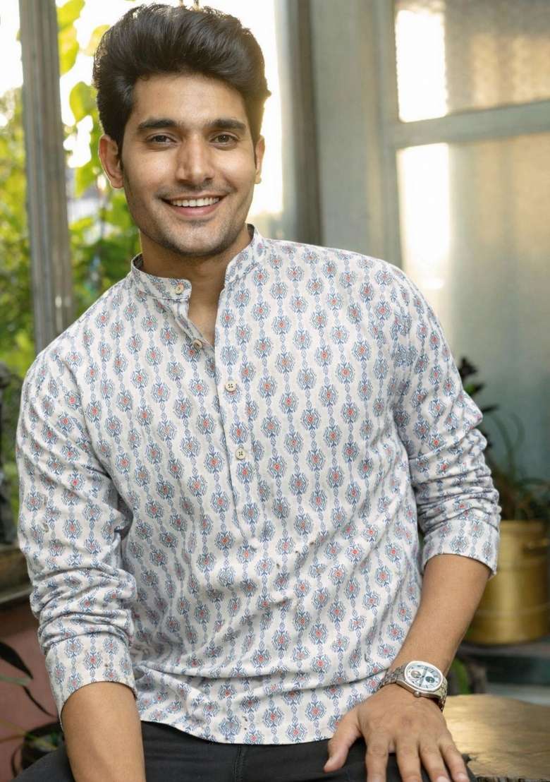 White Printed Linen Kurta For Men - Indya
