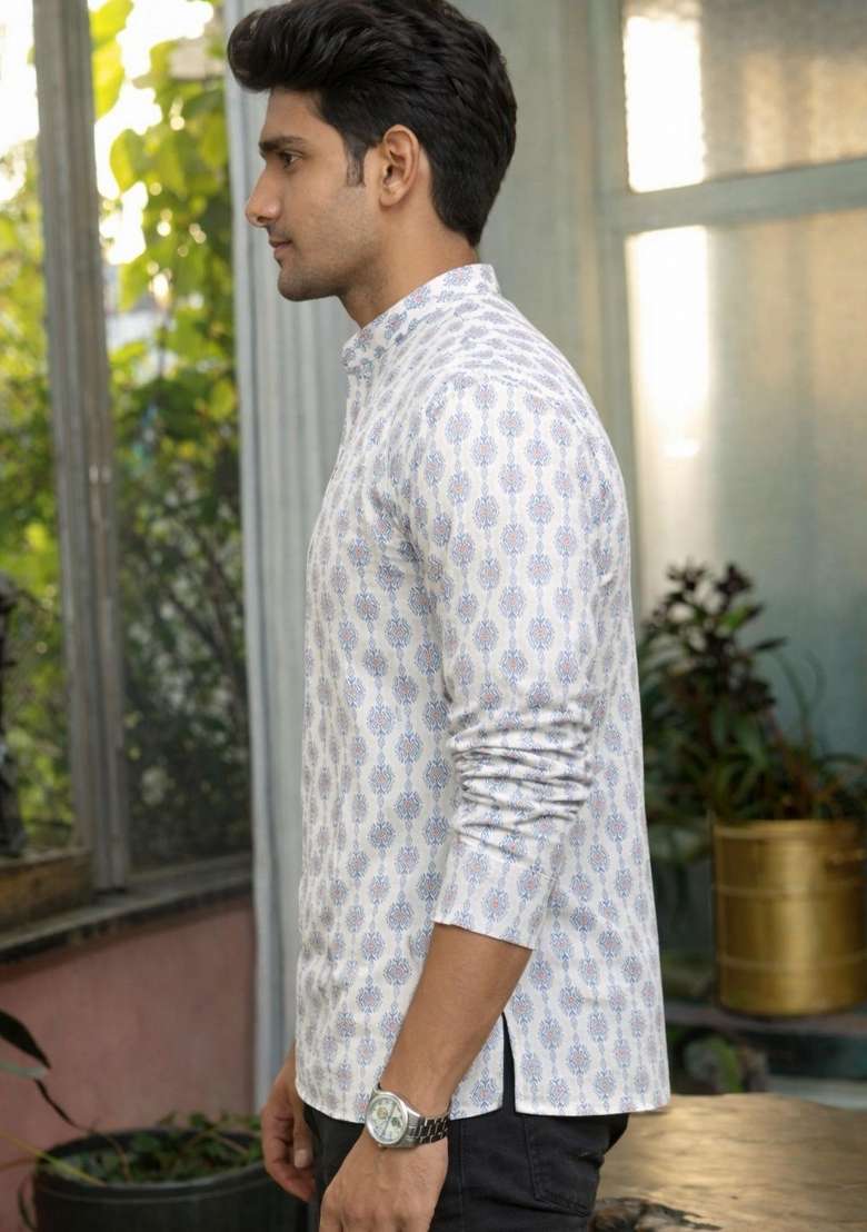 White Printed Linen Kurta For Men - Indya
