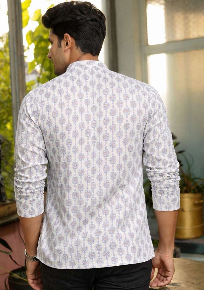 White Printed Linen Kurta For Men - Indya