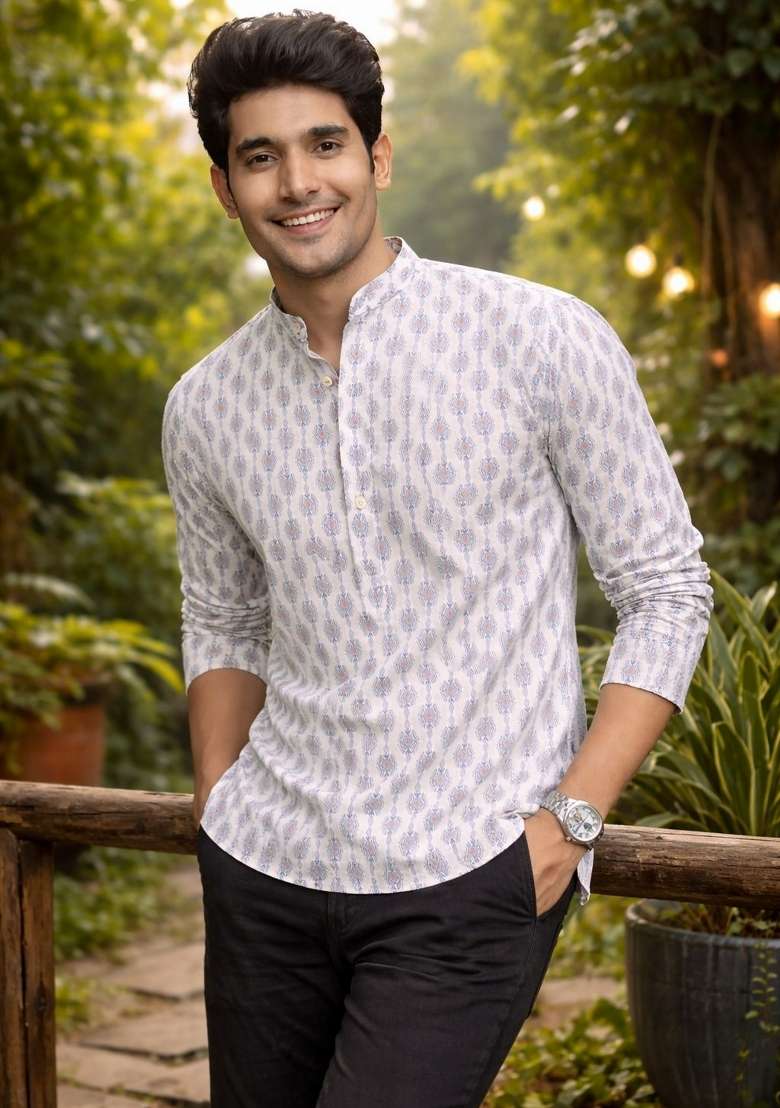 White Printed Linen Kurta For Men - Indya