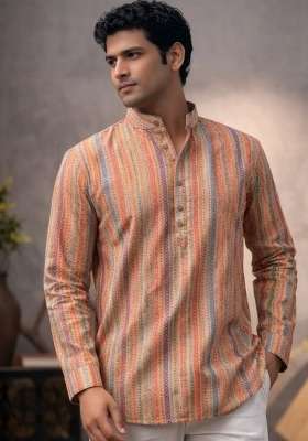Orange Printed Linen Kurta For Men