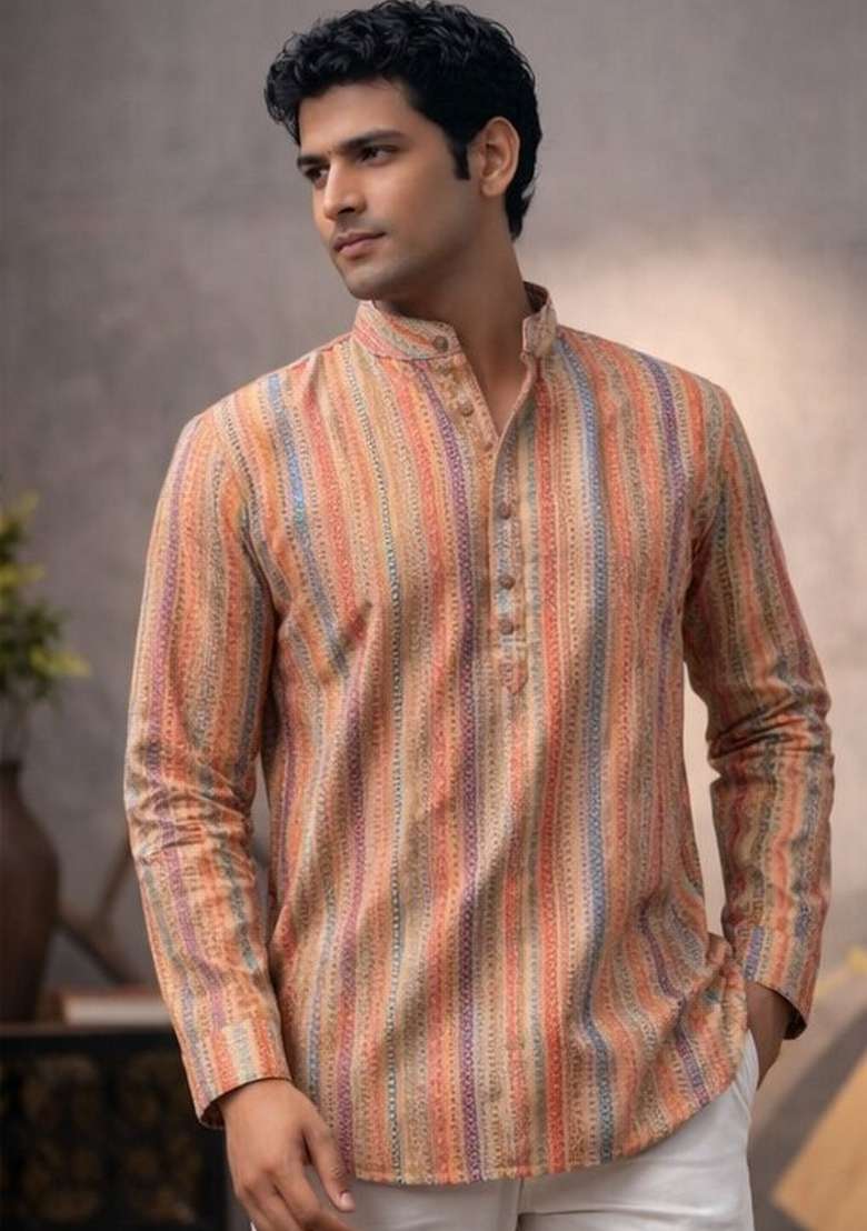 Orange Printed Linen Kurta For Men - Indya