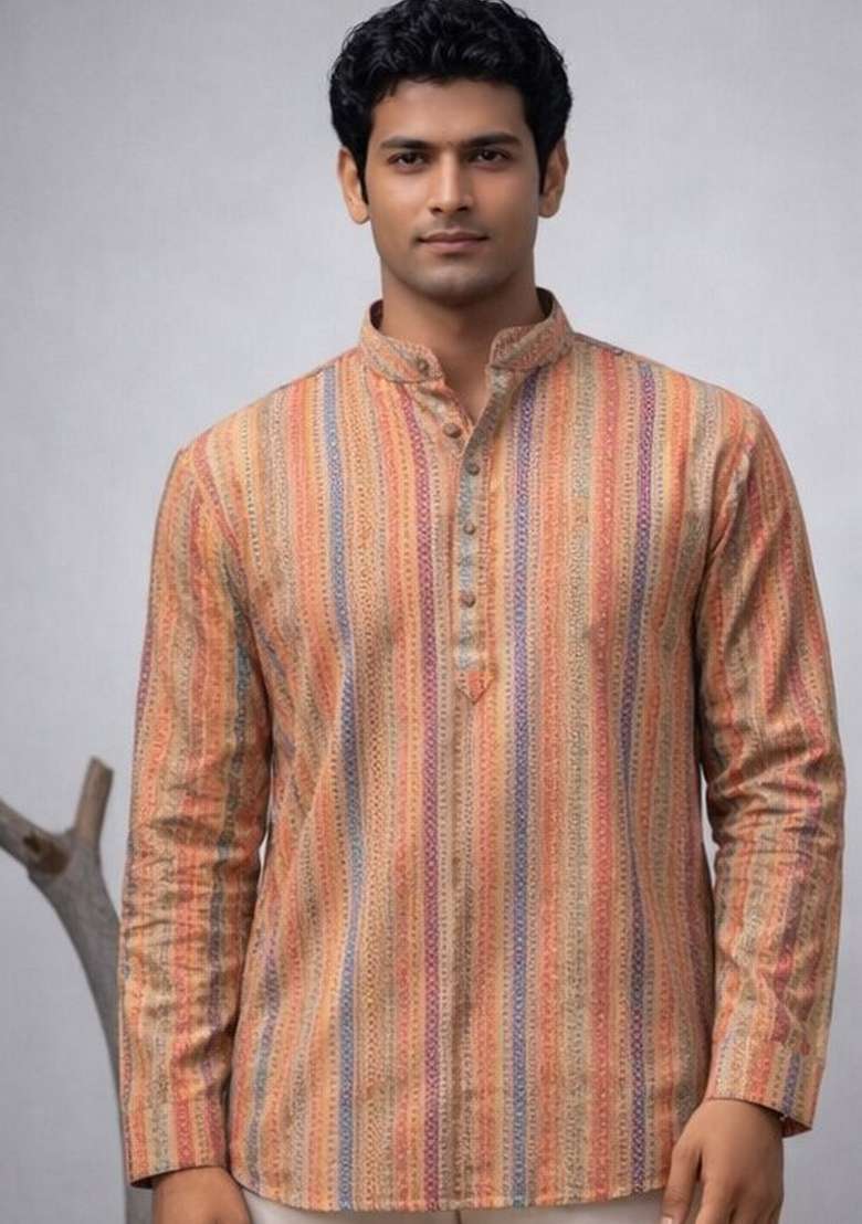 Orange Printed Linen Kurta For Men - Indya
