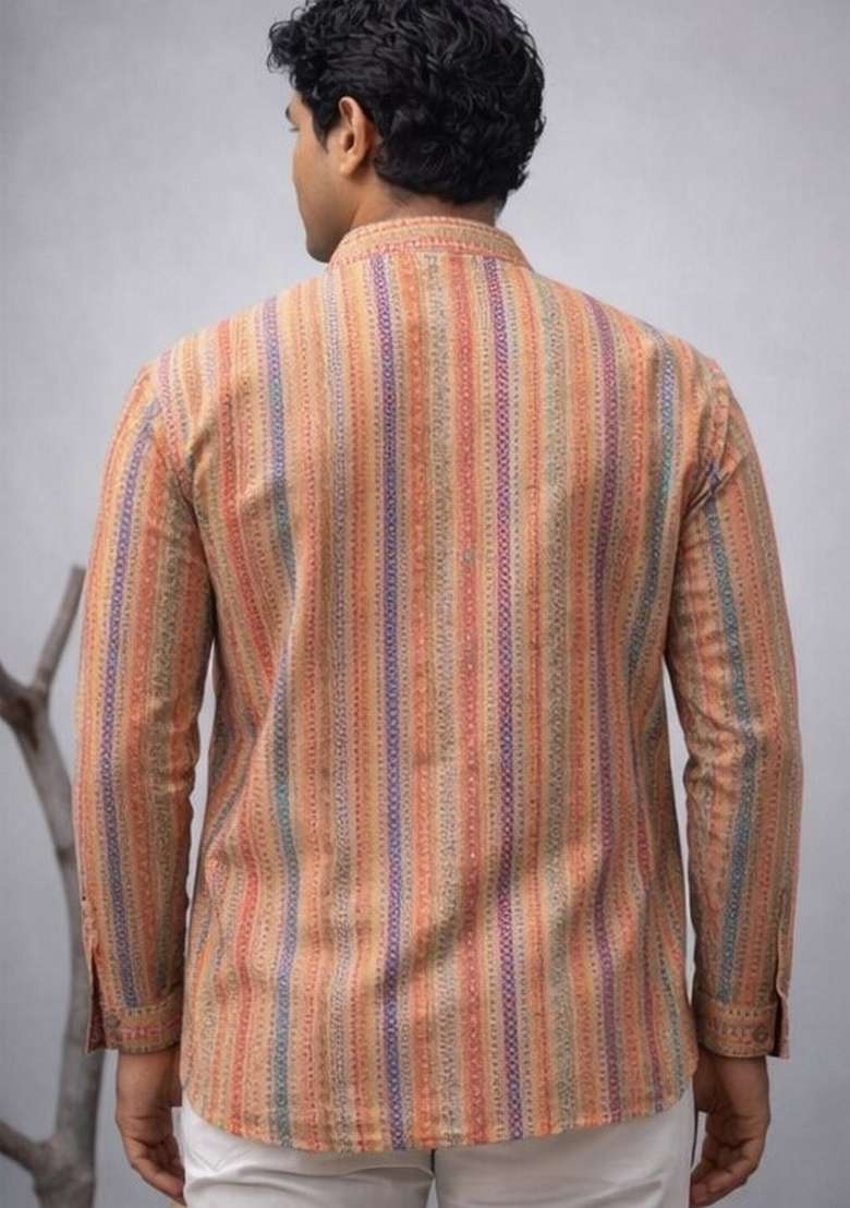 Orange Printed Linen Kurta For Men - Indya