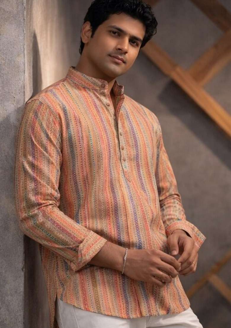 Orange Printed Linen Kurta For Men - Indya