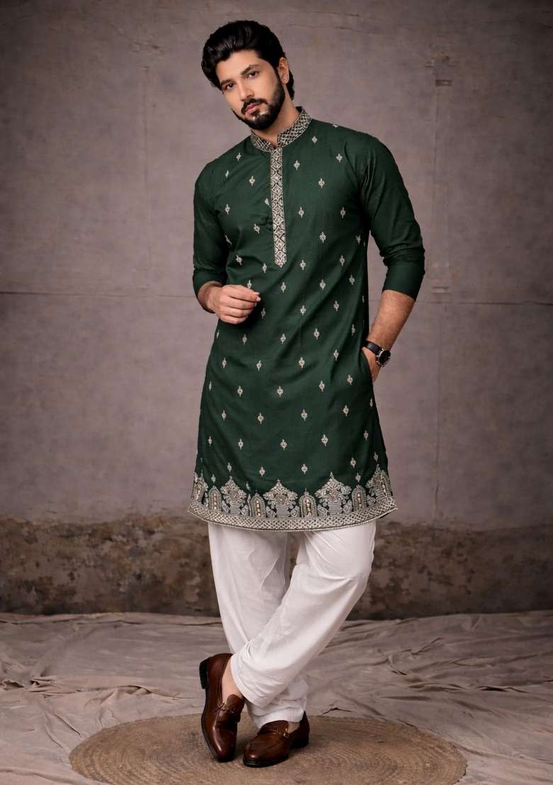 Green Embroidery Silk Kurta Pyjama For Men - Indya