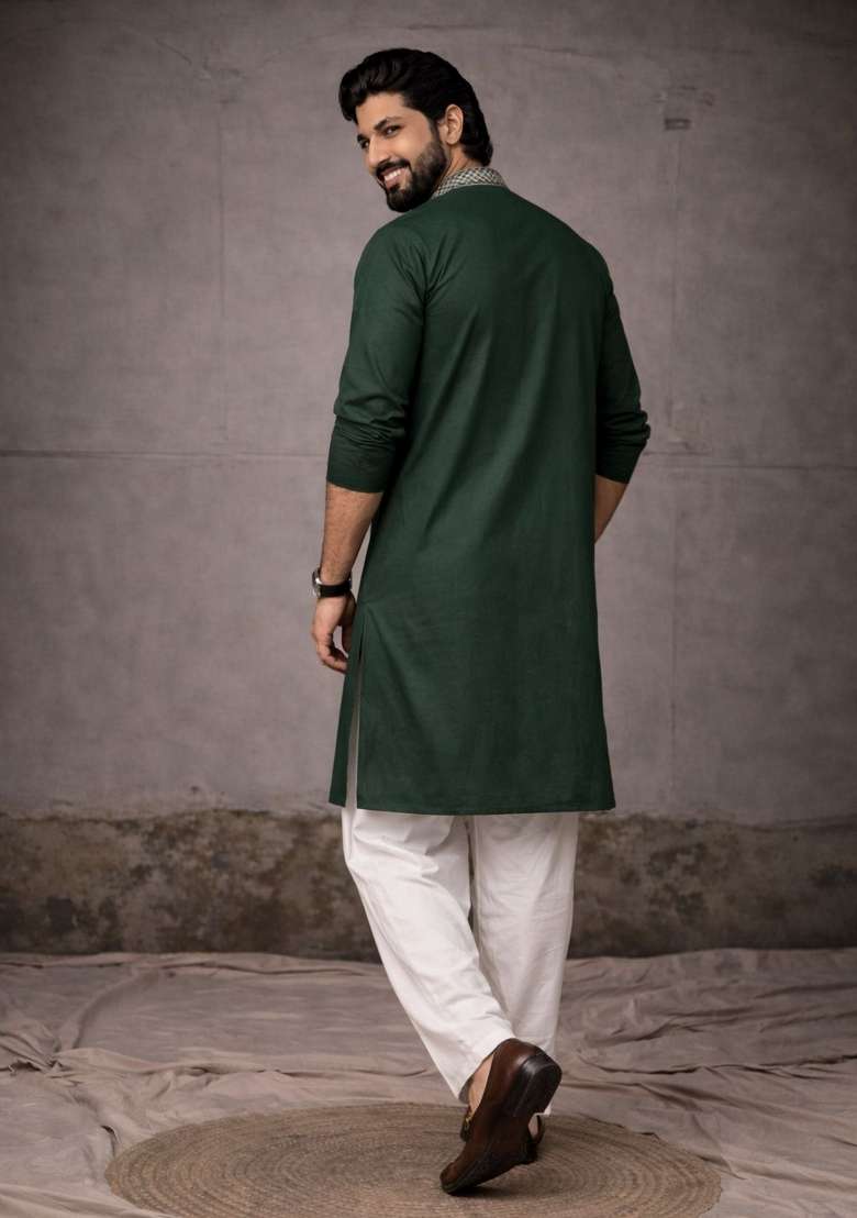 Green Embroidery Silk Kurta Pyjama For Men - Indya