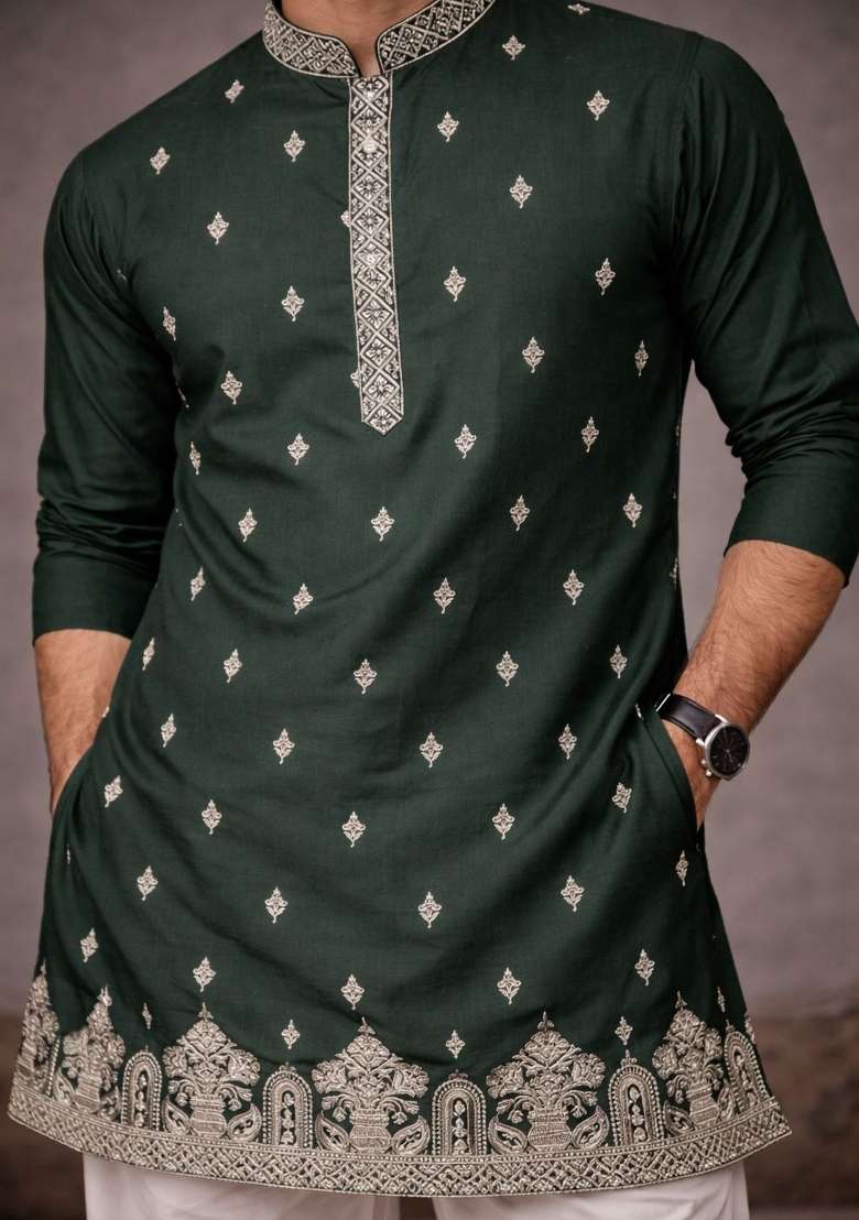 Green Embroidery Silk Kurta Pyjama For Men - Indya