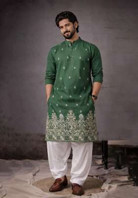 Green Embroidery Silk Kurta Pyjama For Men