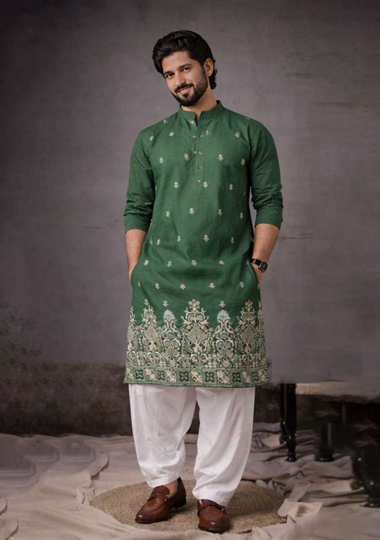 Green Embroidery Silk Kurta Pyjama For Men - Indya