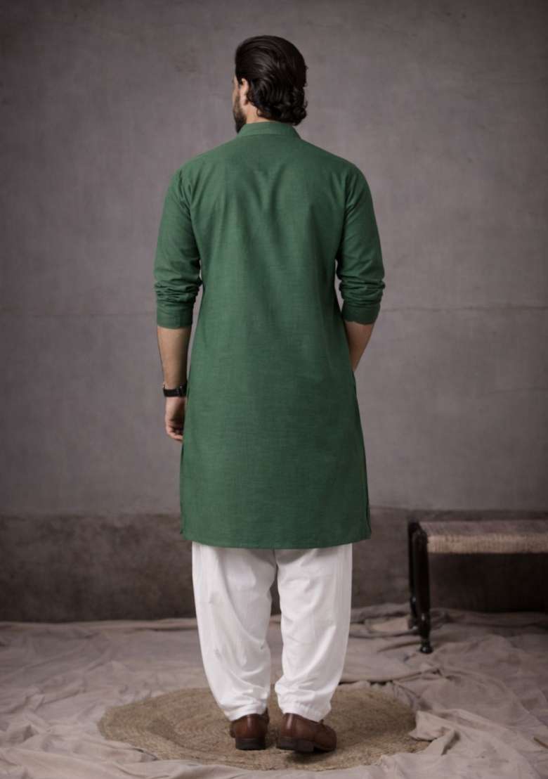 Green Embroidery Silk Kurta Pyjama For Men - Indya