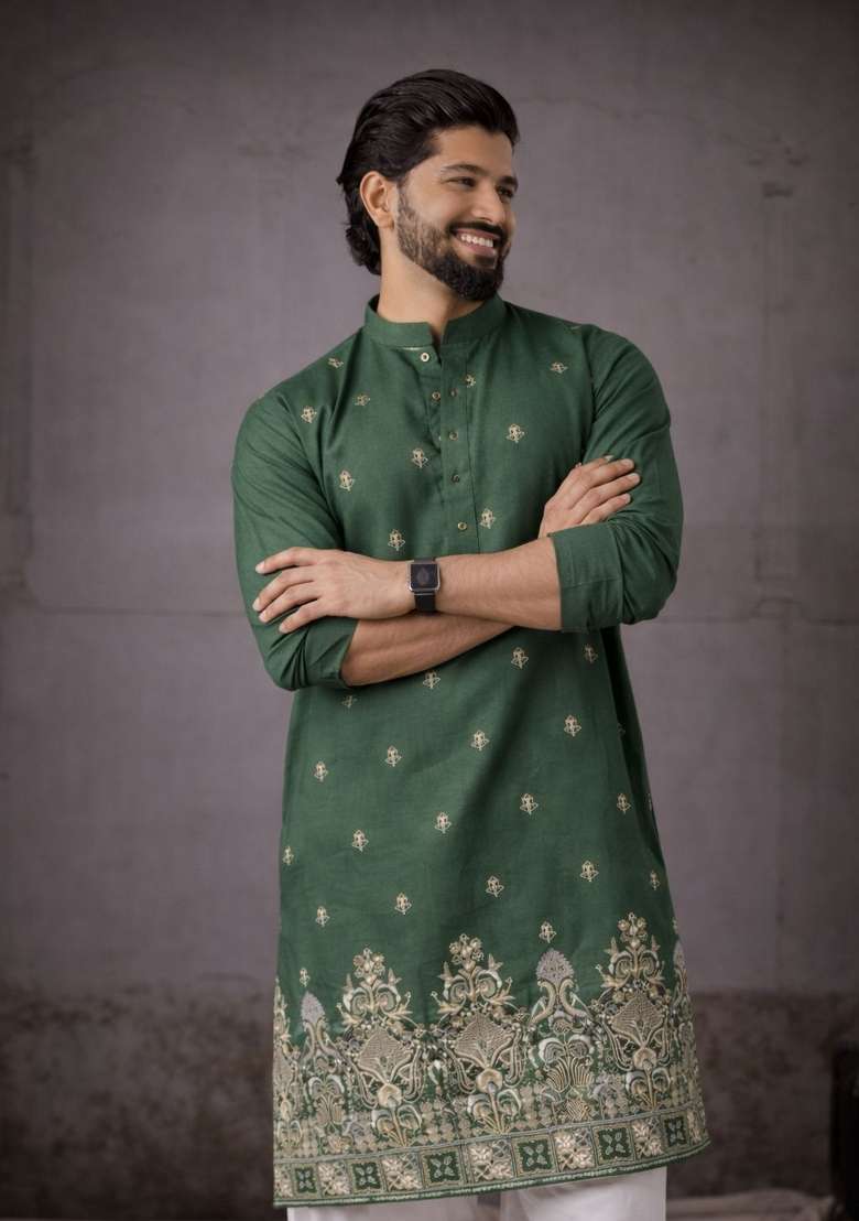 Green Embroidery Silk Kurta Pyjama For Men - Indya