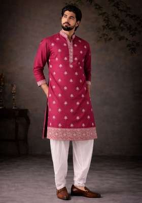 Pink Embroidery Silk Kurta Pyjama For Men