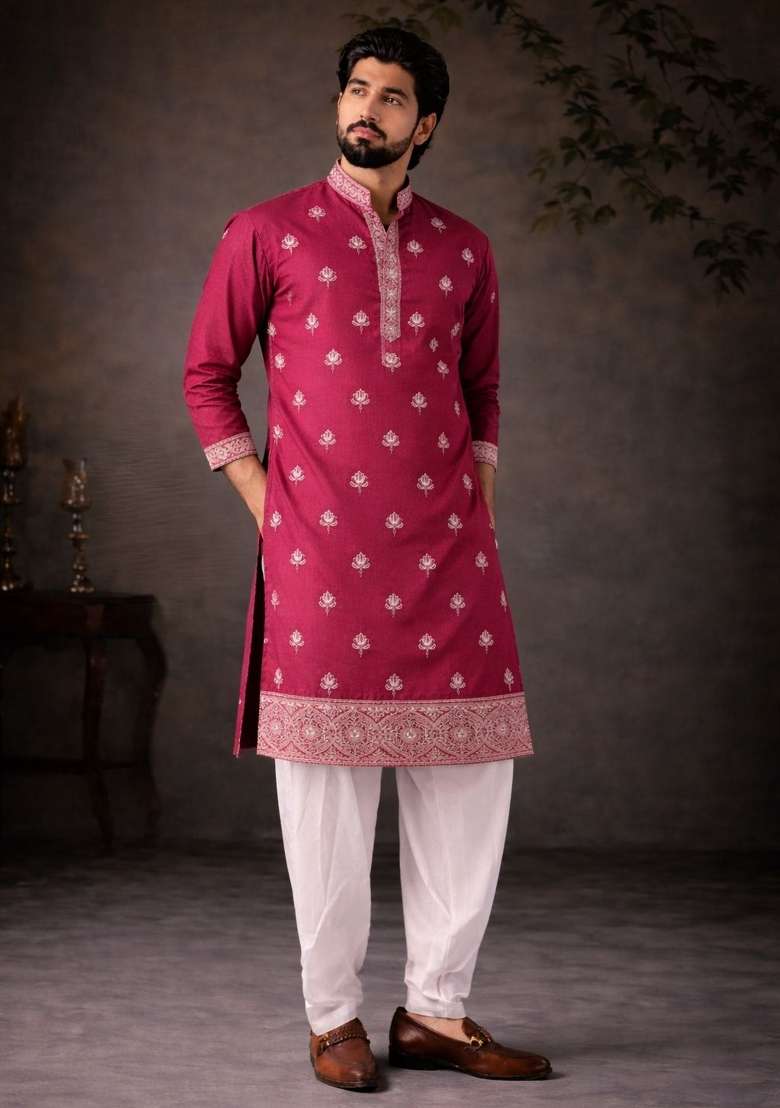 Pink Embroidery Silk Kurta Pyjama For Men - Indya