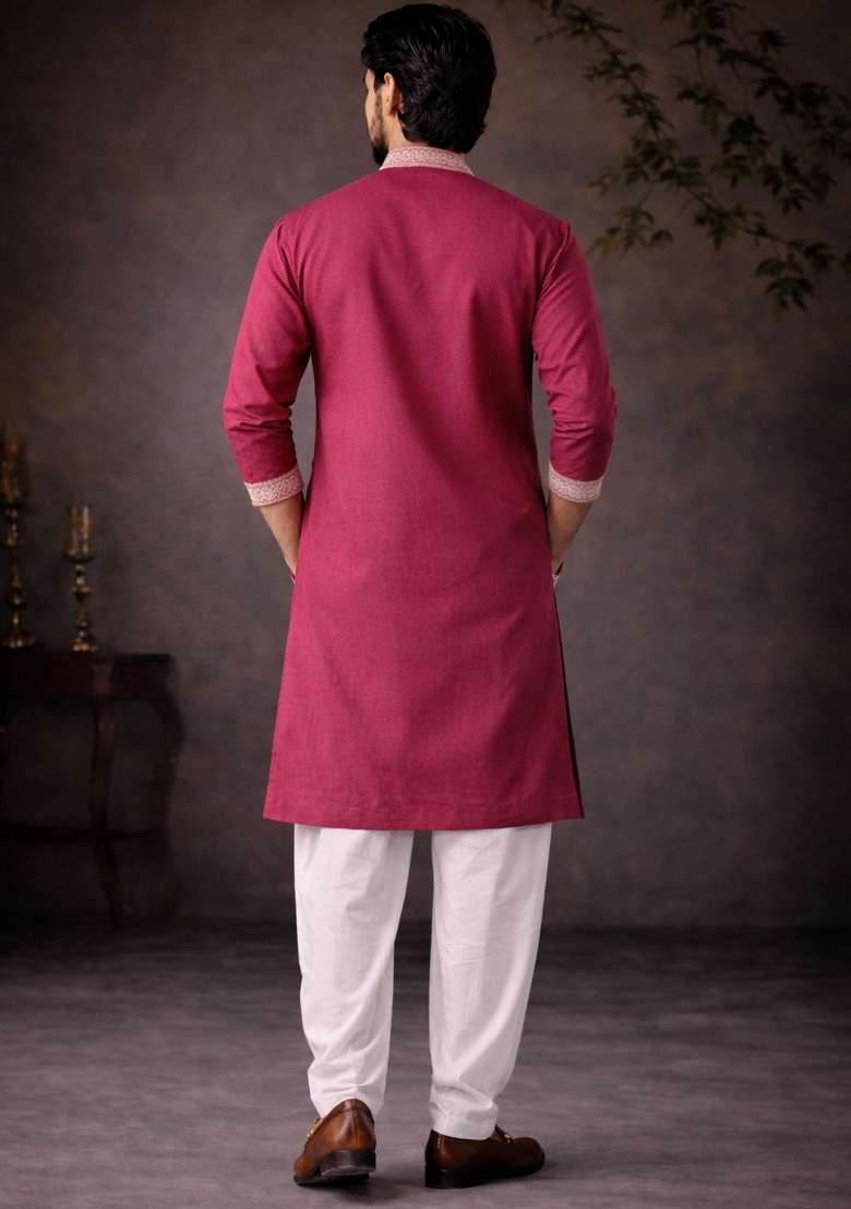 Pink Embroidery Silk Kurta Pyjama For Men - Indya