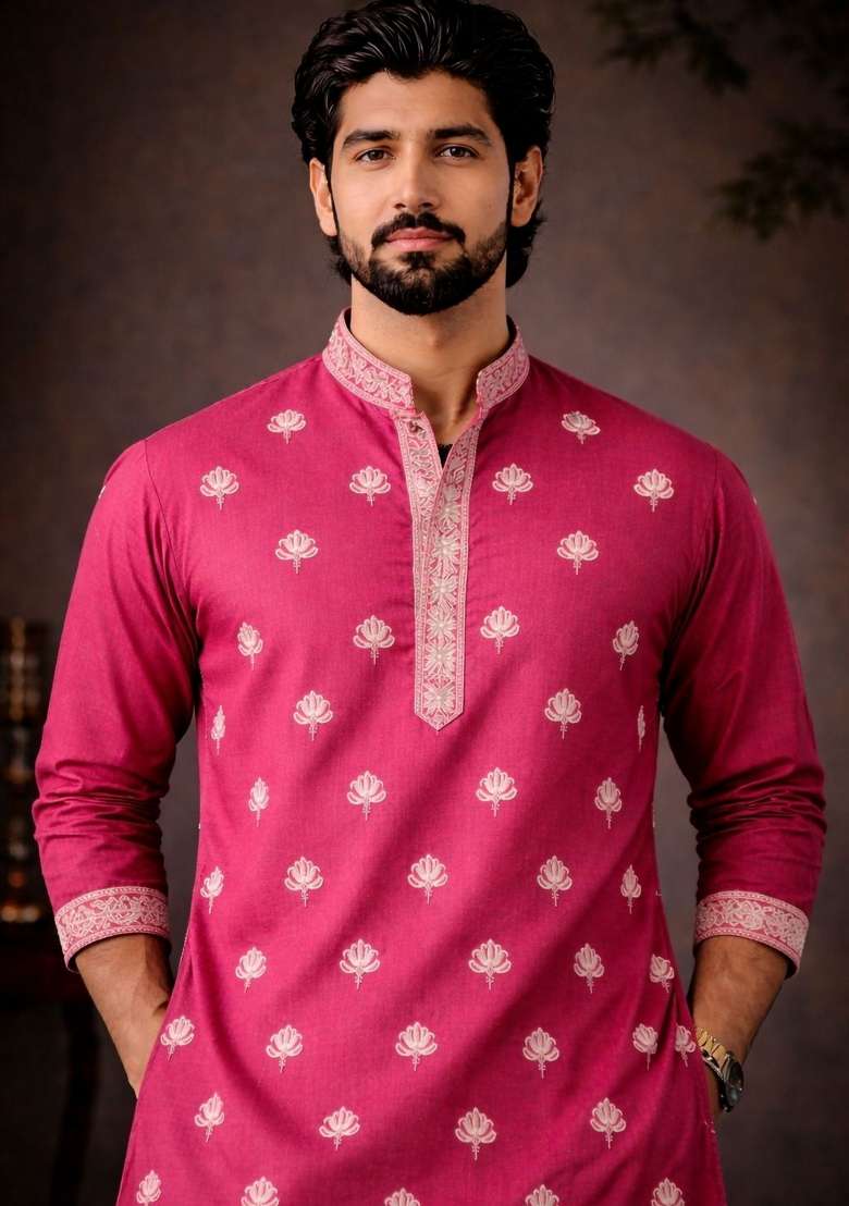 Pink Embroidery Silk Kurta Pyjama For Men - Indya
