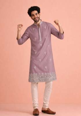 Lavender Embroidery Silk Kurta Pyjama For Men