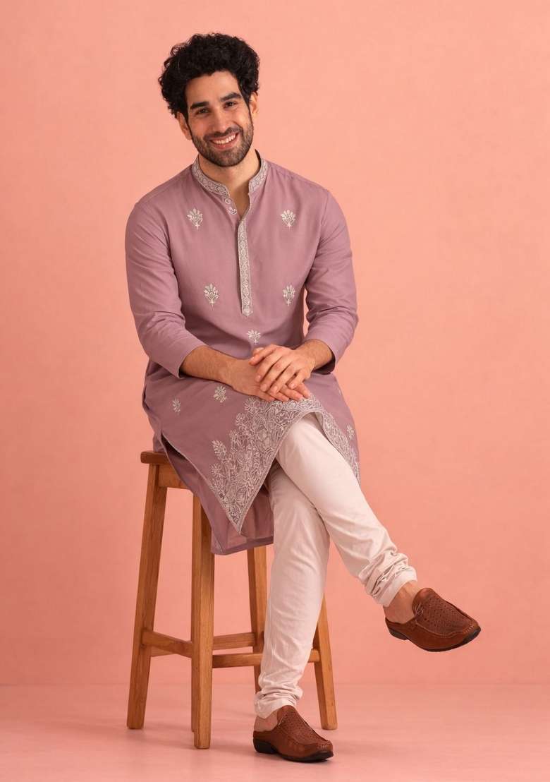 Lavender Embroidery Silk Kurta Pyjama For Men - Indya