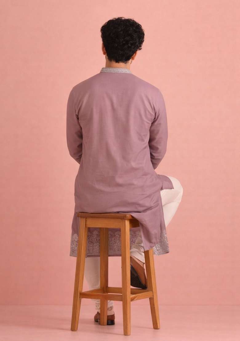 Lavender Embroidery Silk Kurta Pyjama For Men - Indya