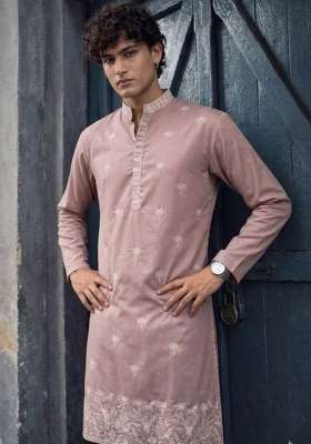 Pink Embroidery Silk Kurta Pyjama For Men