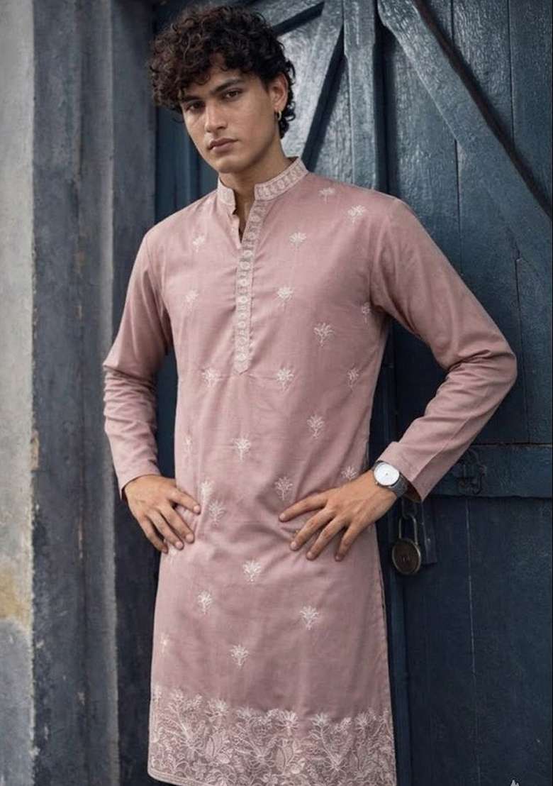 Pink Embroidery Silk Kurta Pyjama For Men - Indya