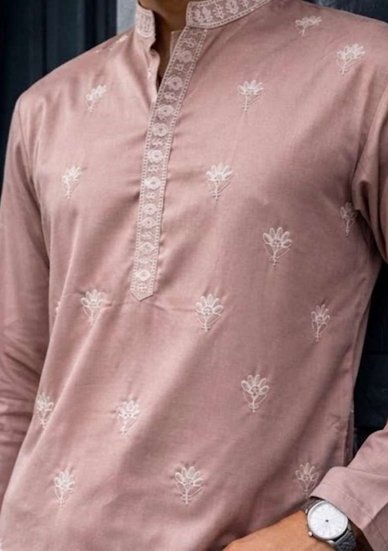 Pink Embroidery Silk Kurta Pyjama For Men - Indya