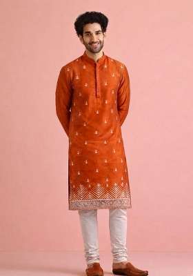 Orange Embroidery Velvet Kurta Pyjama For Men