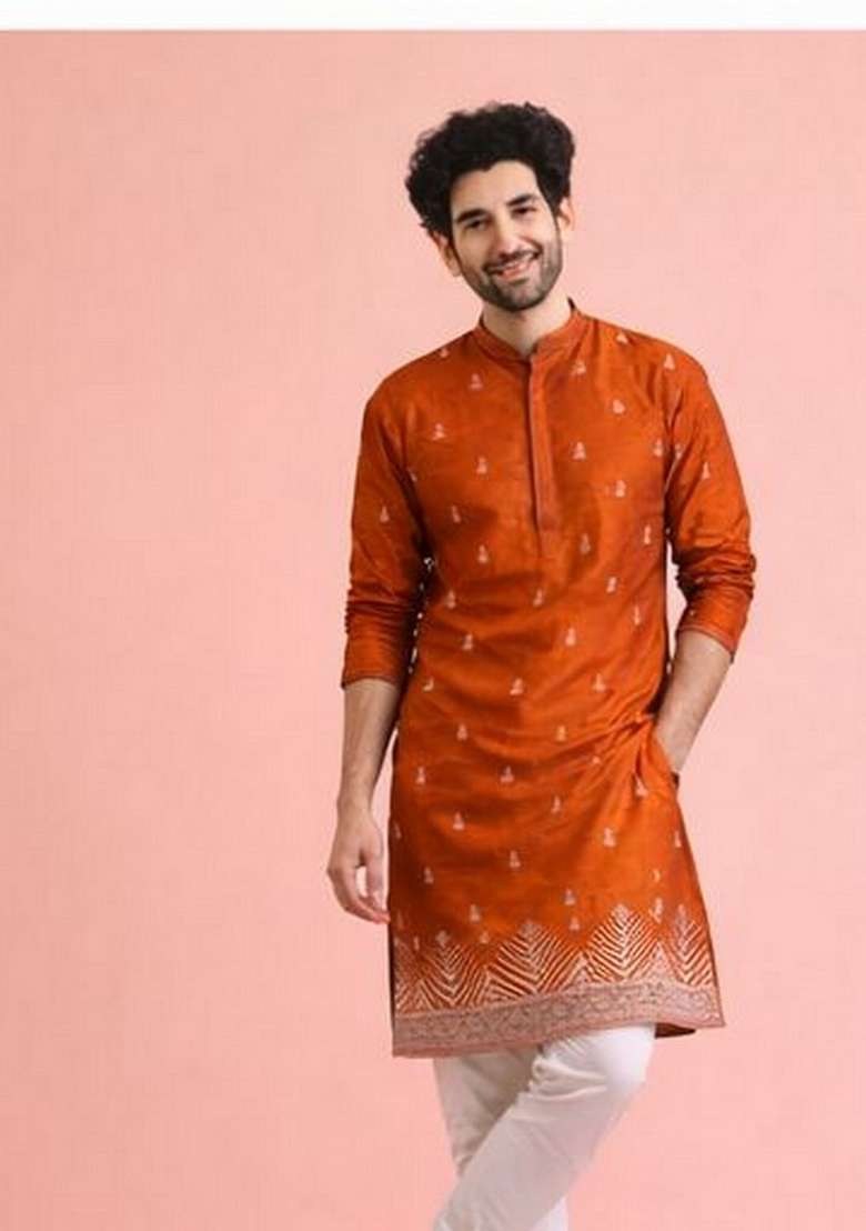 Orange Embroidery Velvet Kurta Pyjama For Men - Indya