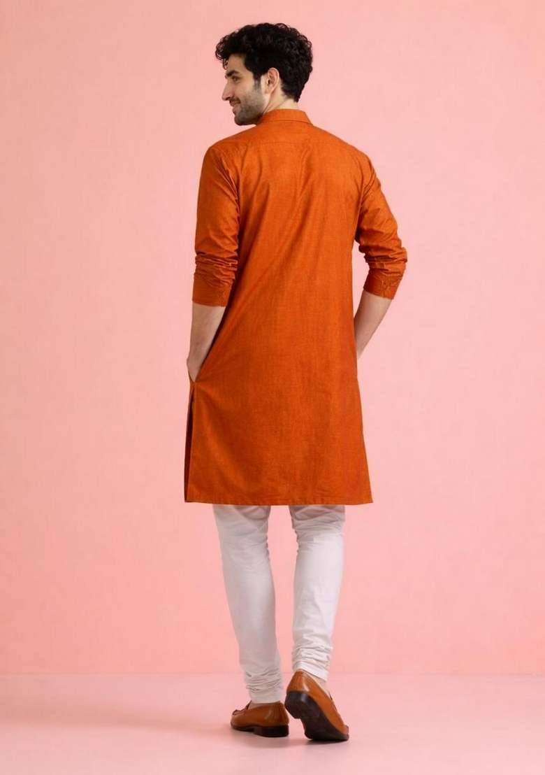 Orange Embroidery Velvet Kurta Pyjama For Men - Indya