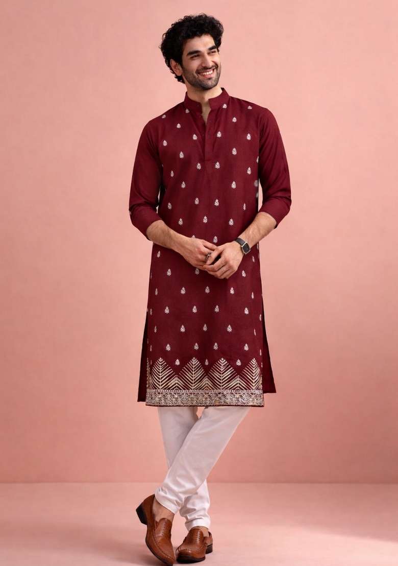 Maroon Embroidery Velvet Kurta Pyjama For Men - Indya