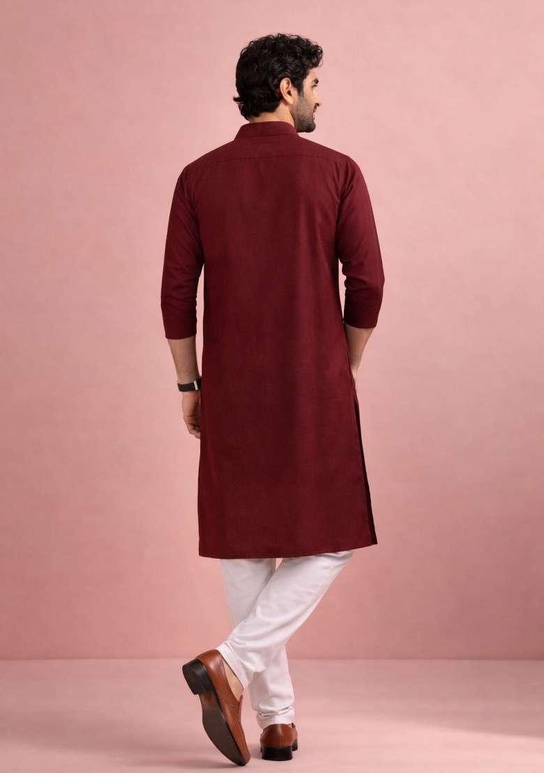 Maroon Embroidery Velvet Kurta Pyjama For Men - Indya