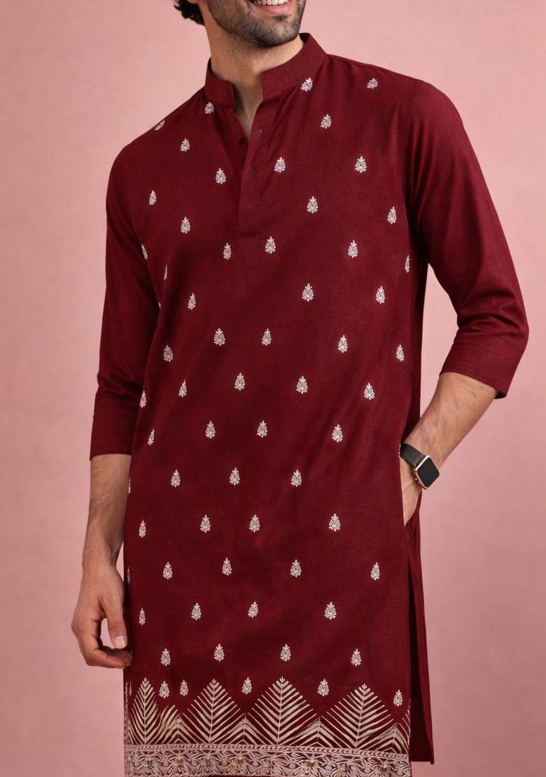 Maroon Embroidery Velvet Kurta Pyjama For Men - Indya