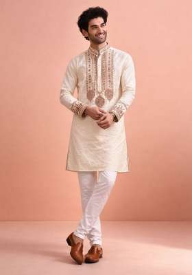 Cream Embroidery Silk Kurta Pyjama For Men