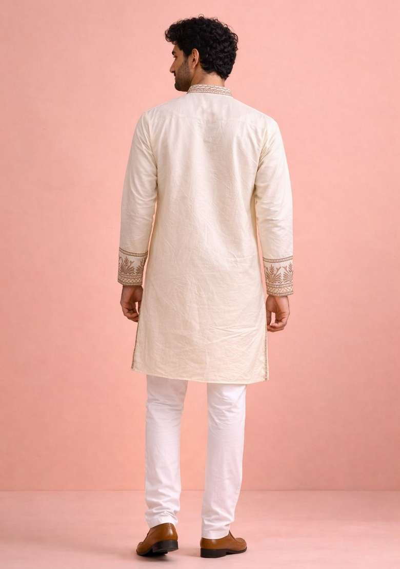 Cream Embroidery Silk Kurta Pyjama For Men - Indya