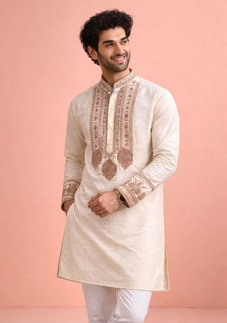 Cream Embroidery Silk Kurta Pyjama For Men - Indya