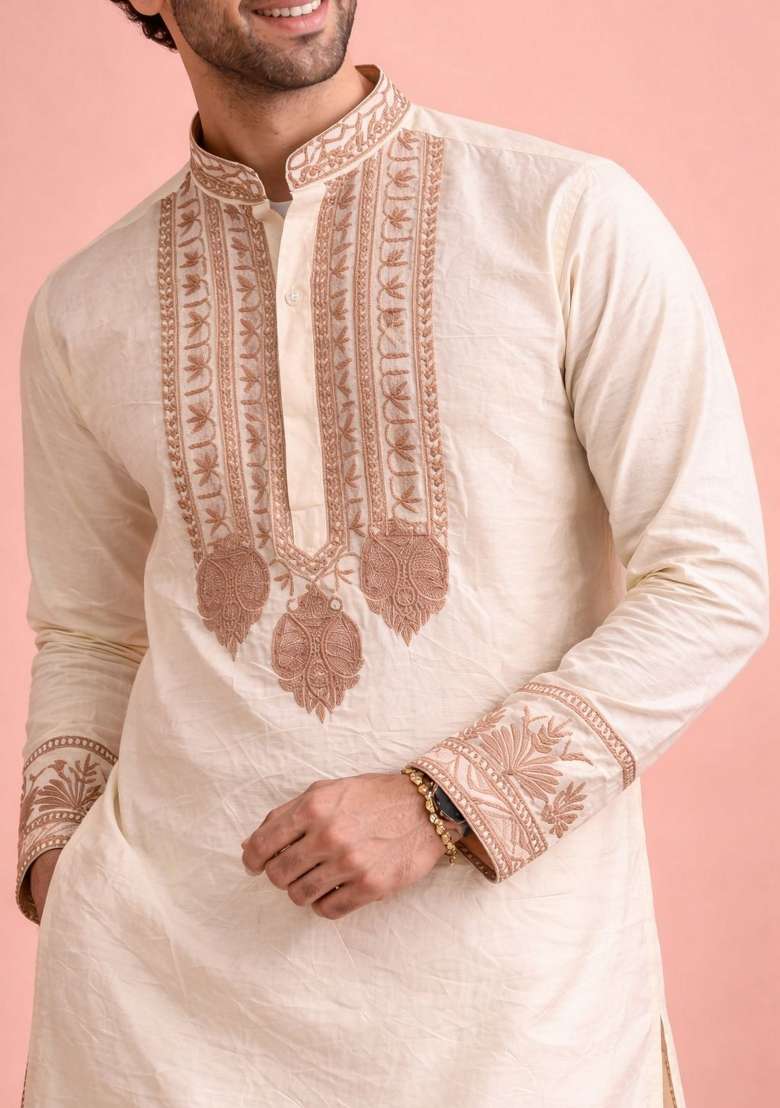 Cream Embroidery Silk Kurta Pyjama For Men - Indya