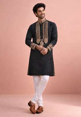 Black Embroidery Silk Kurta Pyjama For Men