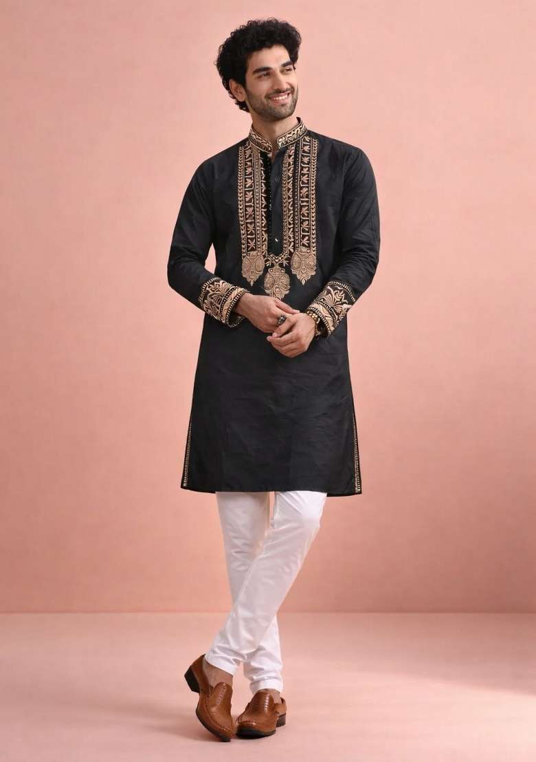 Black Embroidery Silk Kurta Pyjama For Men - Indya