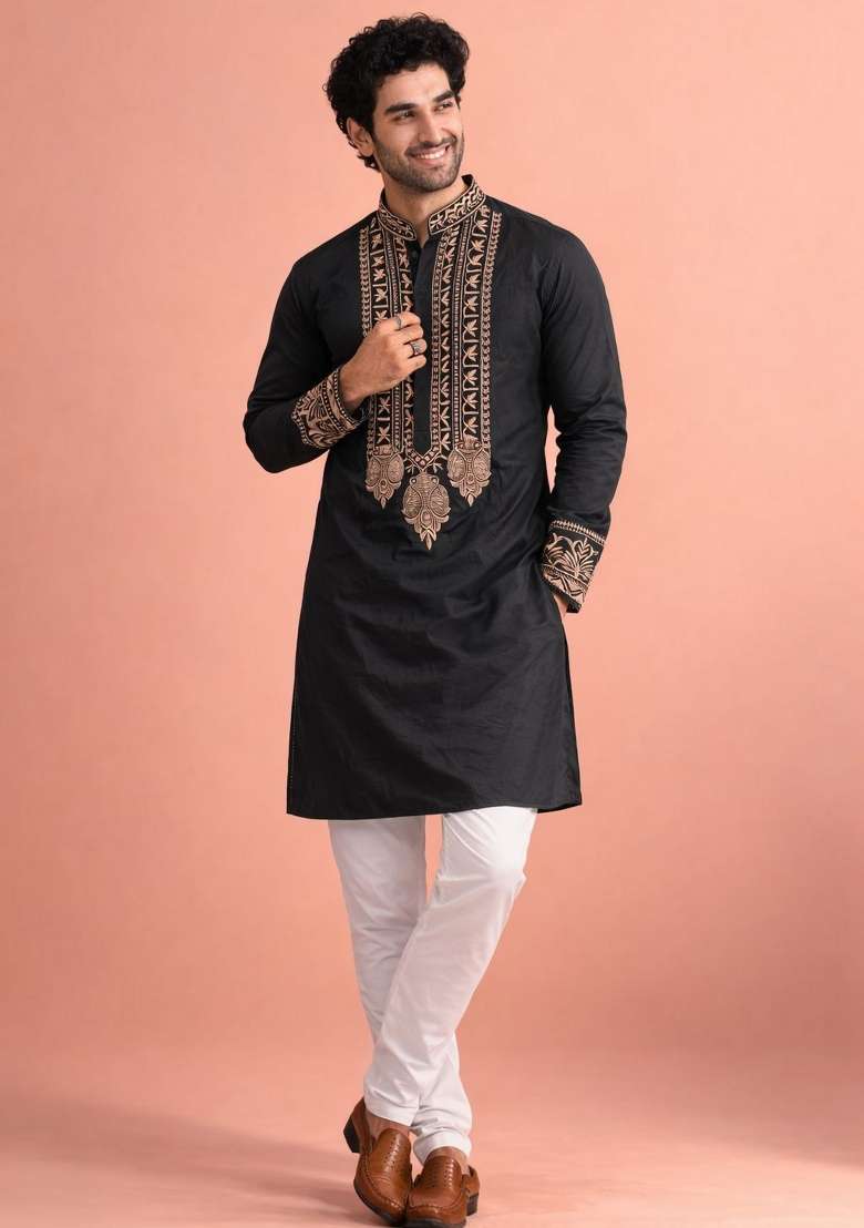 Black Embroidery Silk Kurta Pyjama For Men - Indya