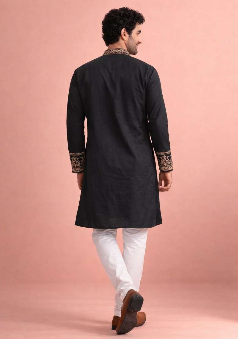 Black Embroidery Silk Kurta Pyjama For Men - Indya