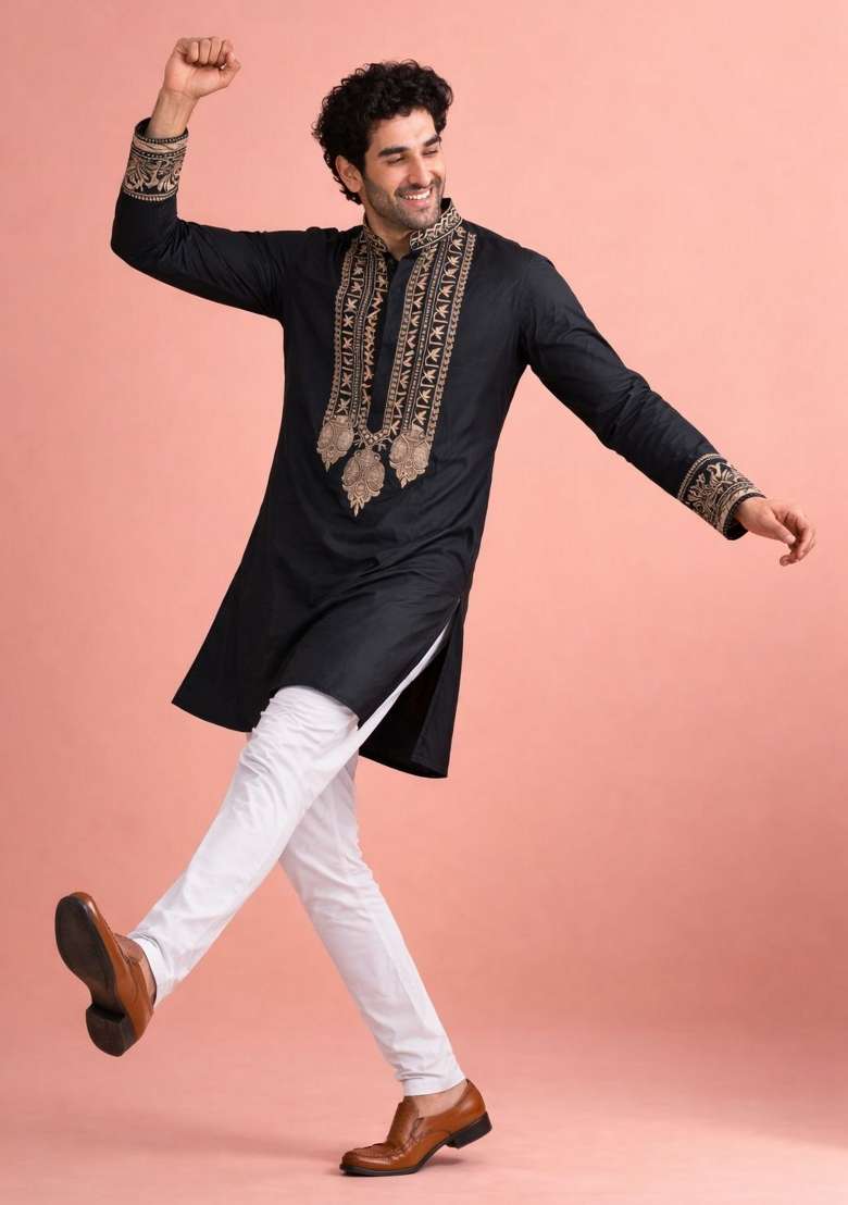 Black Embroidery Silk Kurta Pyjama For Men - Indya