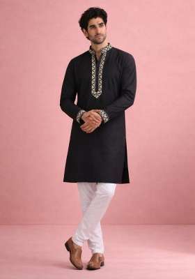 Black Embroidery Silk Kurta Pyjama For Men