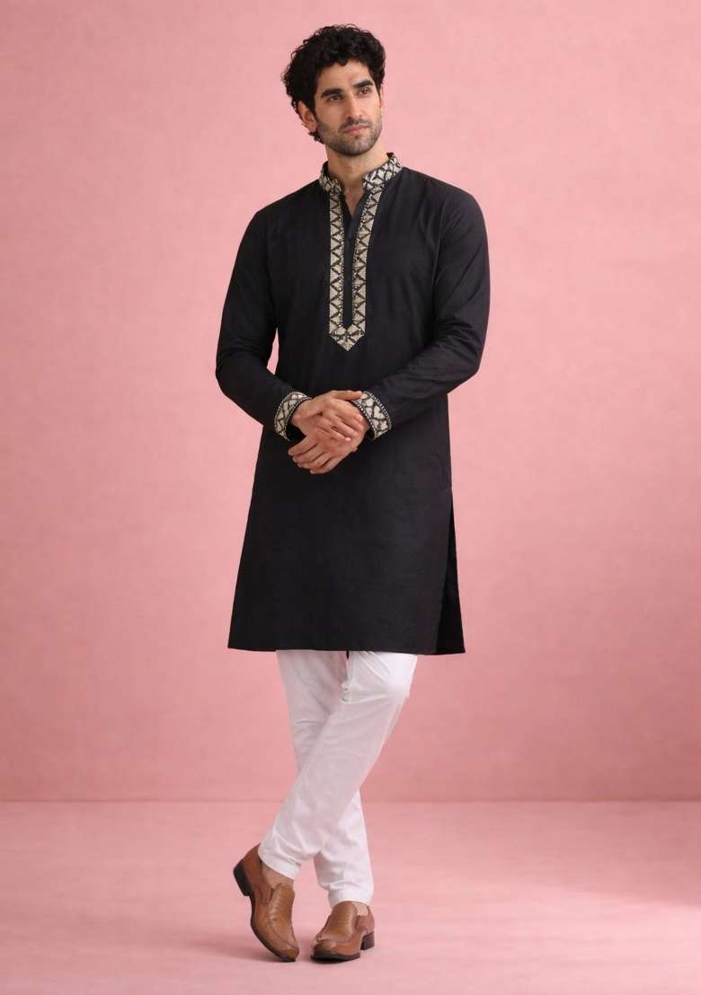 Black Embroidery Silk Kurta Pyjama For Men - Indya