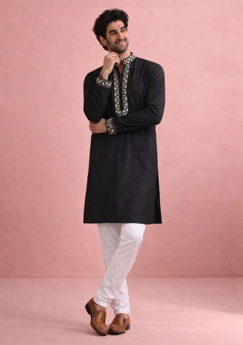 Black Embroidery Silk Kurta Pyjama For Men - Indya