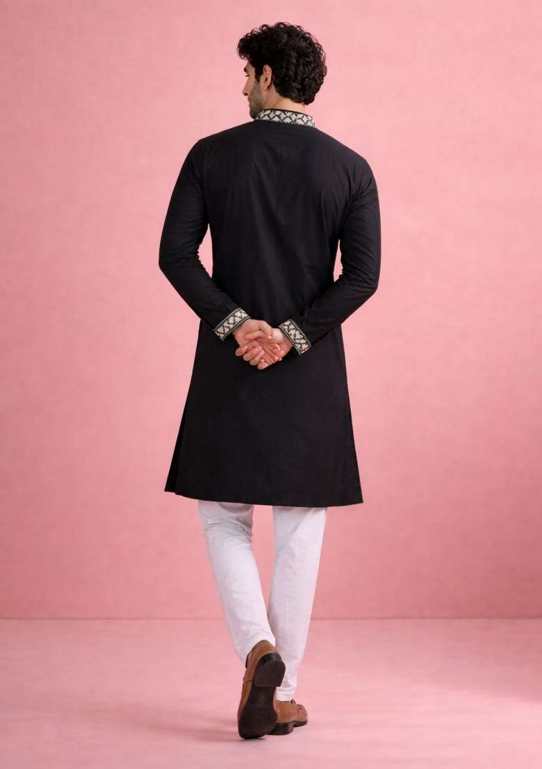 Black Embroidery Silk Kurta Pyjama For Men - Indya