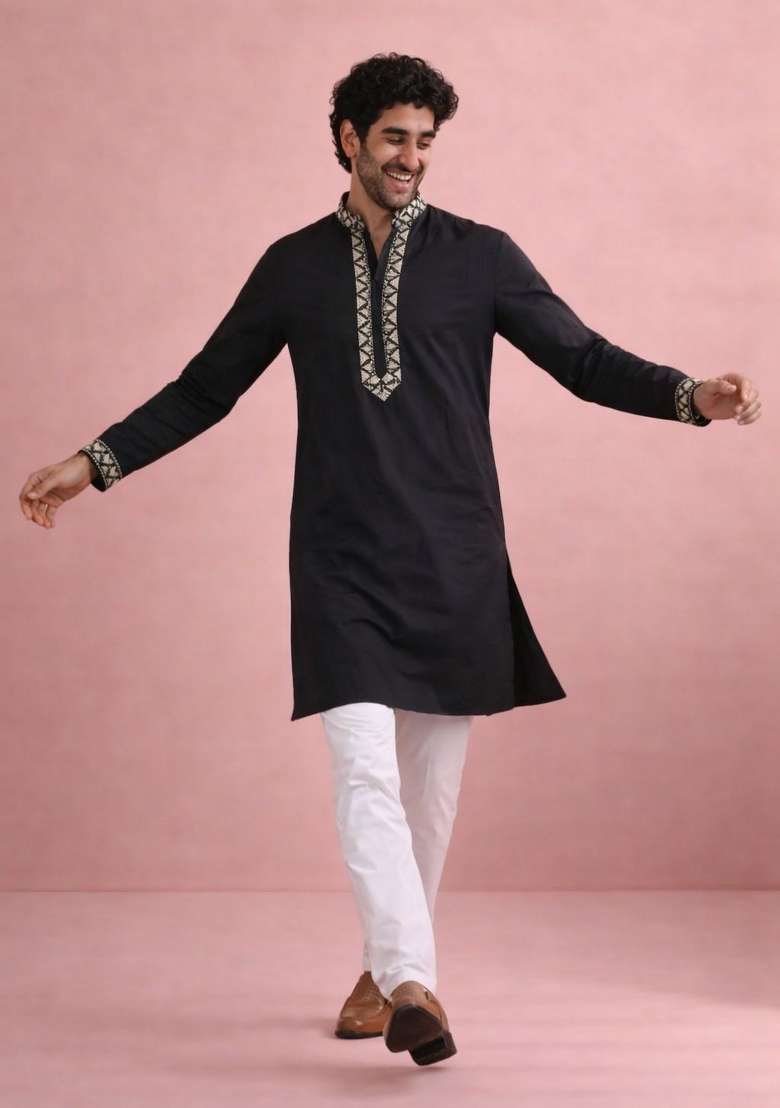 Black Embroidery Silk Kurta Pyjama For Men - Indya