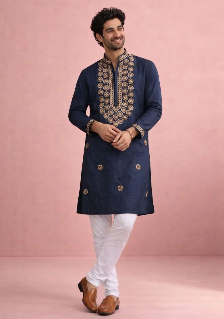 Navy Blue Embroidery Silk Kurta Pyjama For Men - Indya