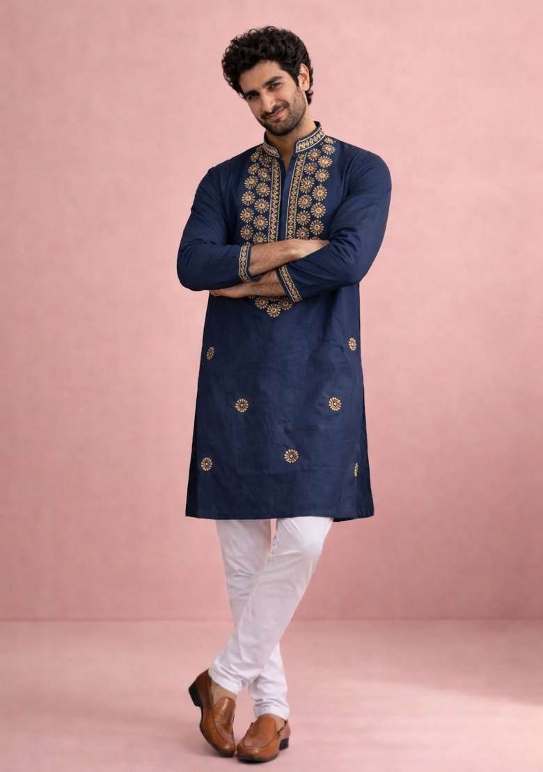 Navy Blue Embroidery Silk Kurta Pyjama For Men - Indya